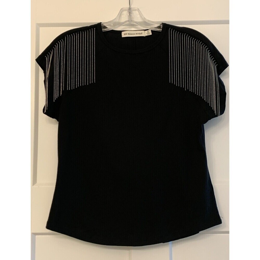 Rebecca Minkoff Black Short Sleeve Crew Neck Metal Fringe T-Shirt Womens Size M